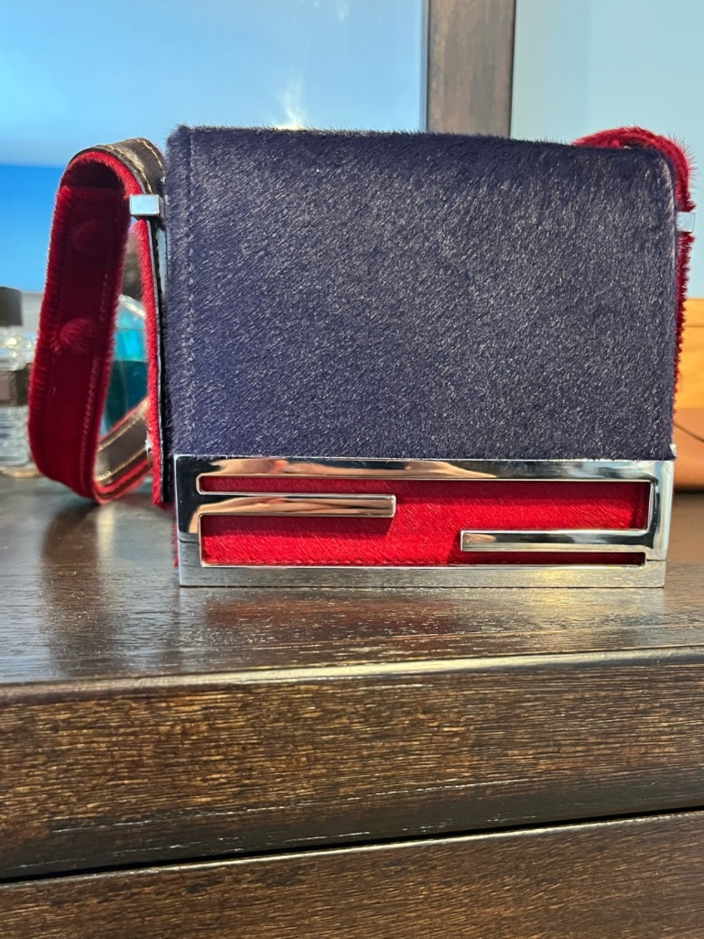 Fendi Navy and Red Pony Hair Shoulder or Crossbody Bag
